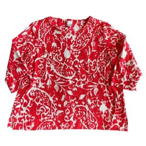 Chicos Red White Ikat Print 3/4 Sleeve Shirt Top Size 3 XL